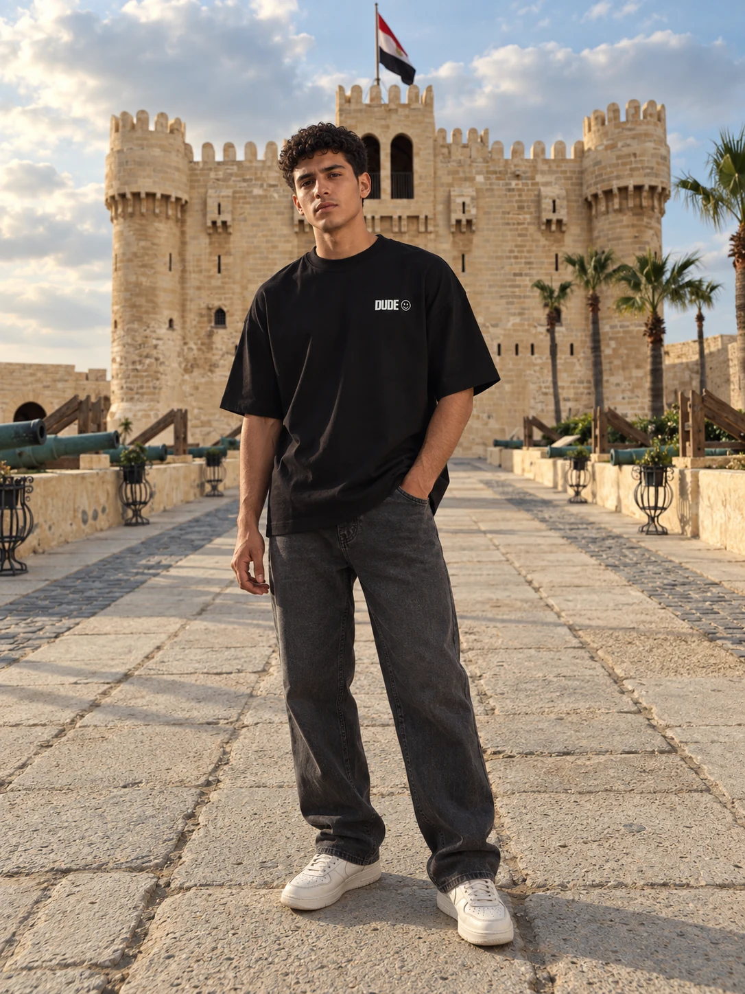 Model wearing the black DUDE T-shirt in front of the citadel
