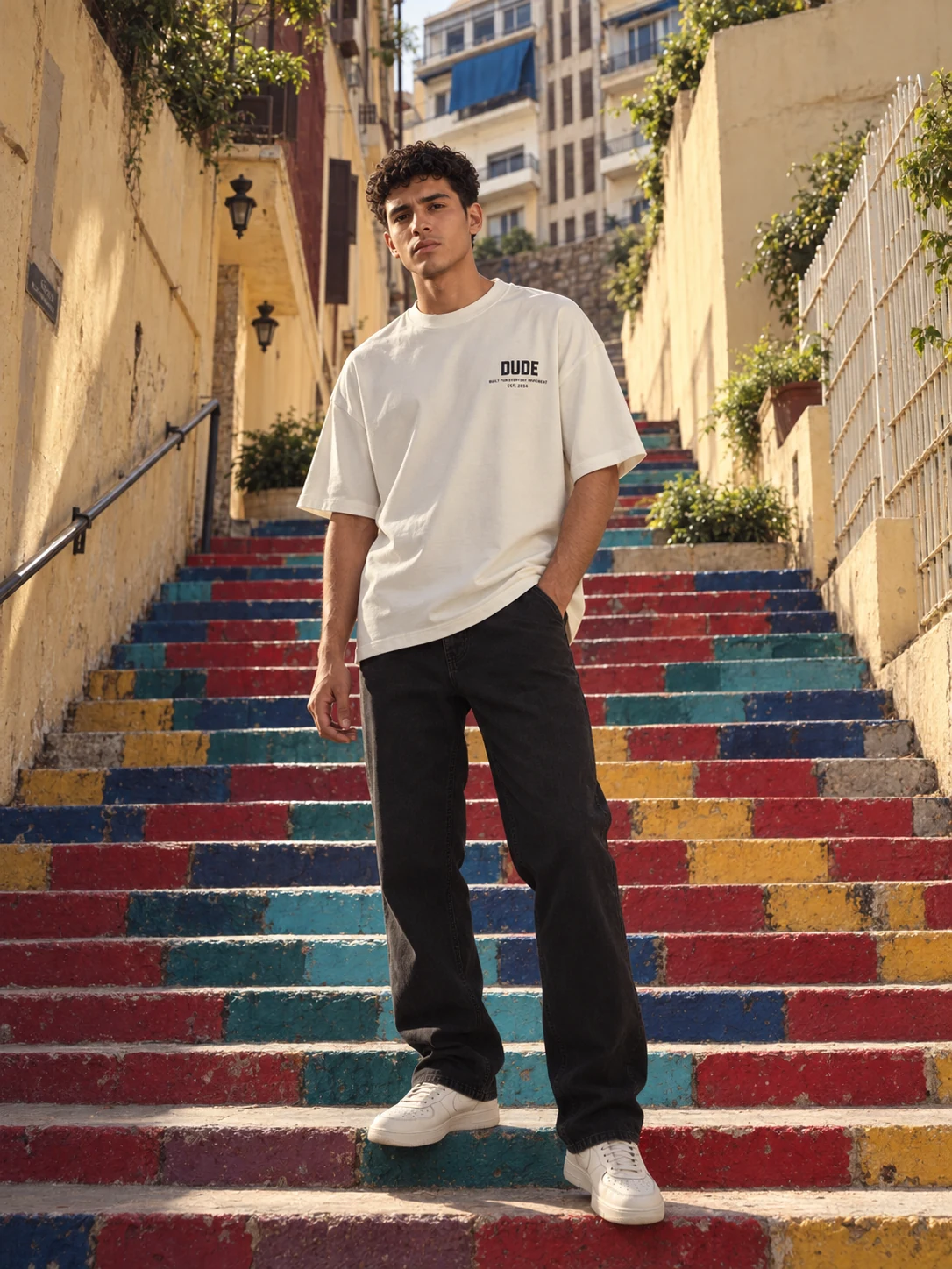 Model wearing a white DUDE T-shirt on colorful steps