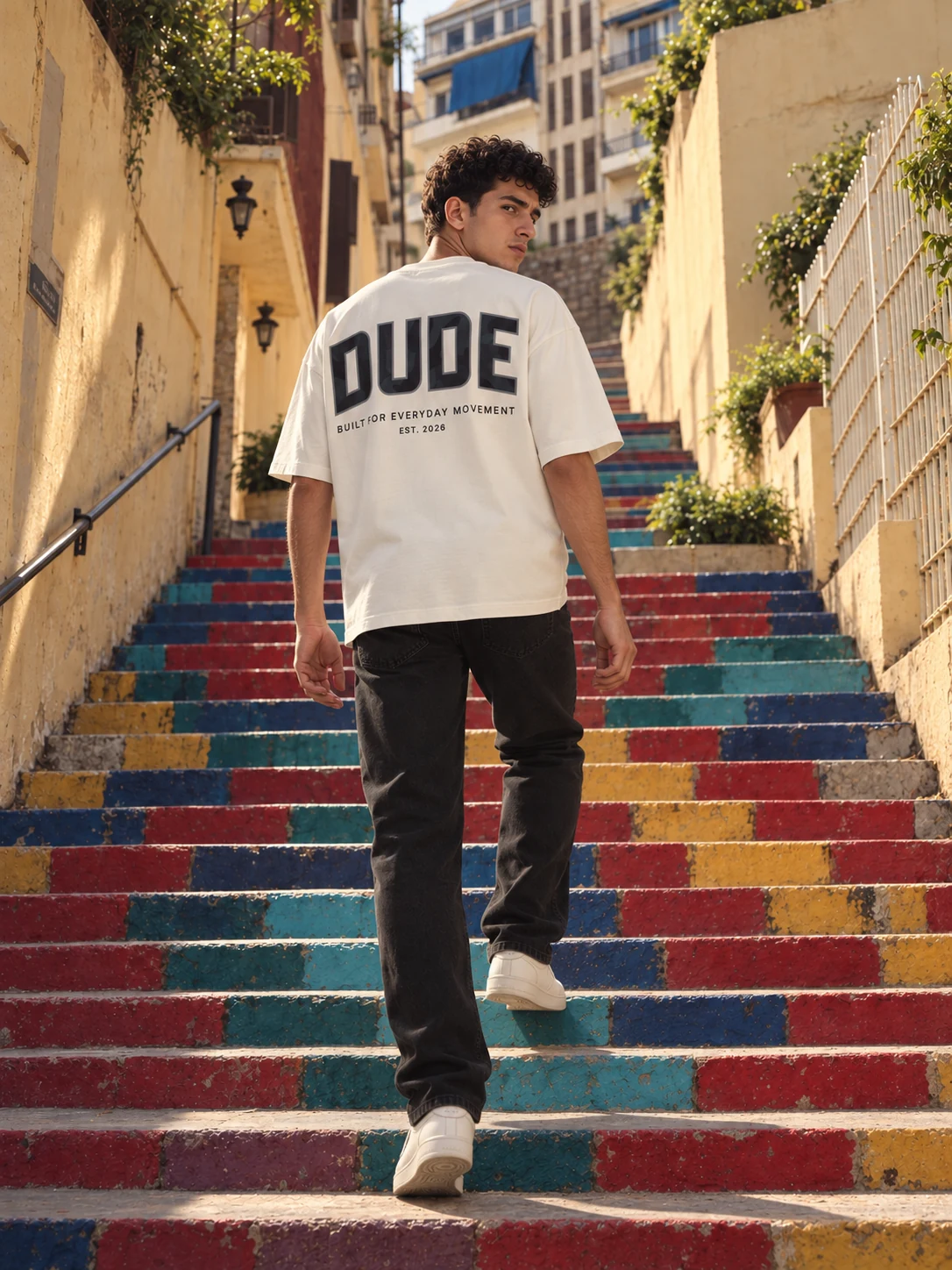Rear view of the white DUDE T-shirt while climbing the steps