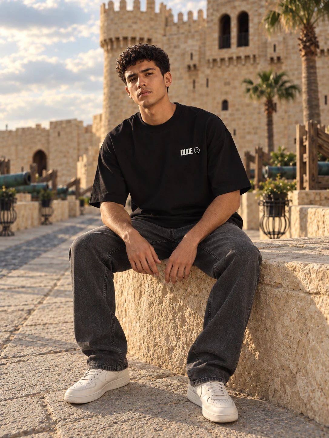 Seated portrait in the black DUDE outfit