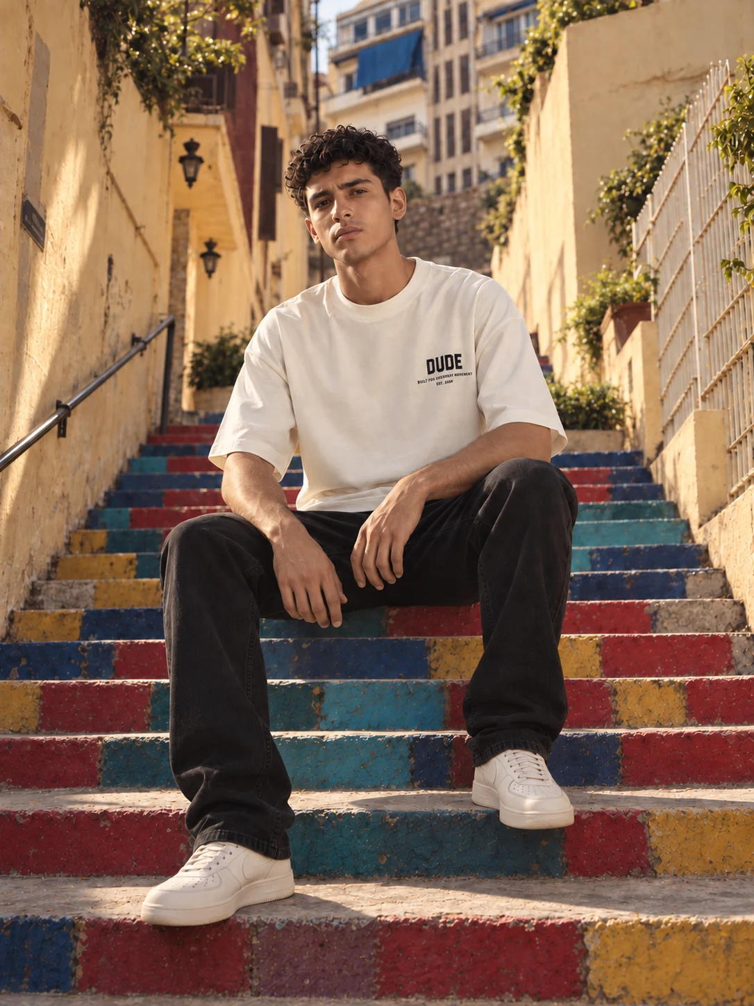 Seated portrait in a white DUDE T-shirt
