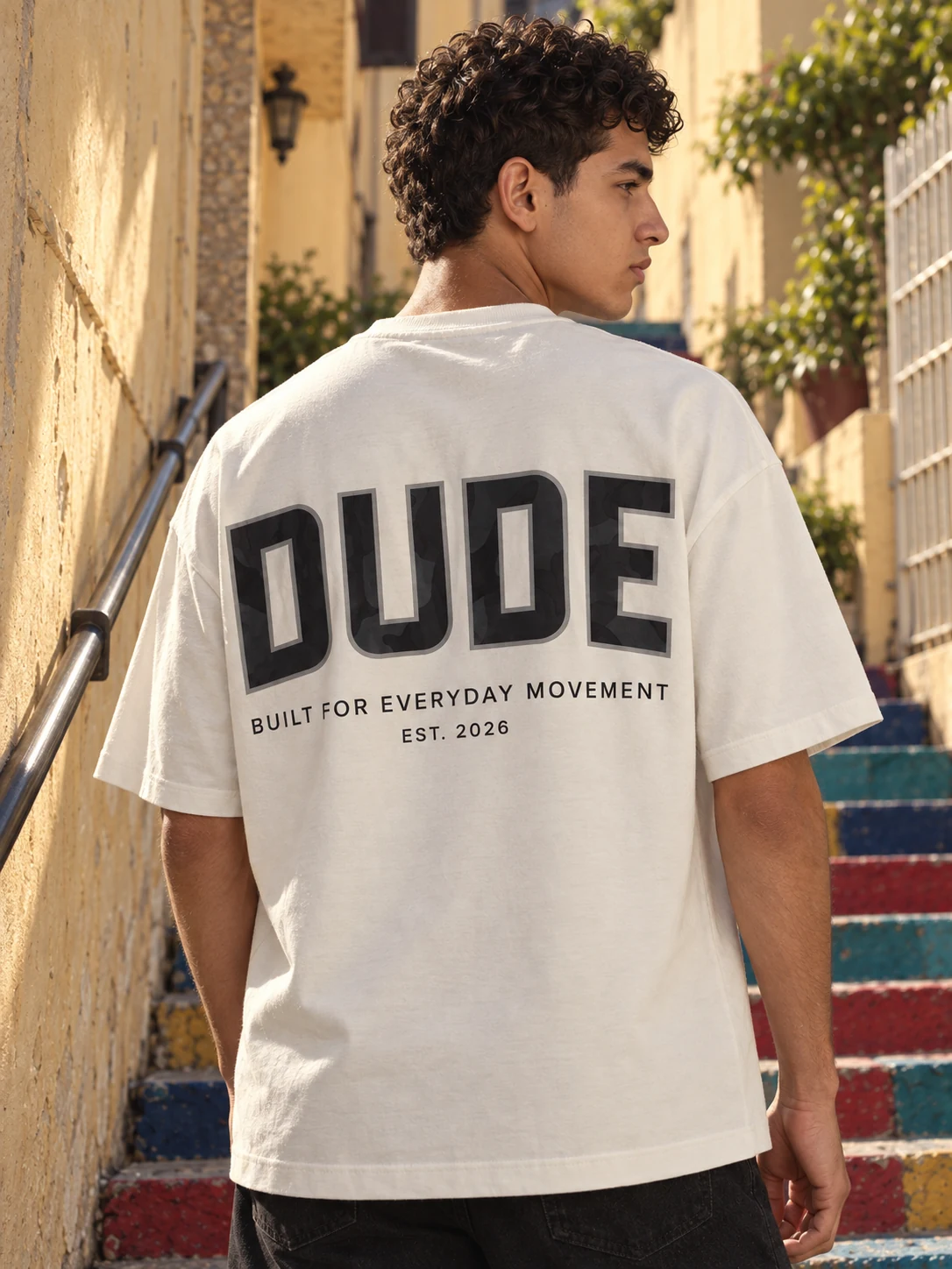 Close view of the white DUDE T-shirt back print