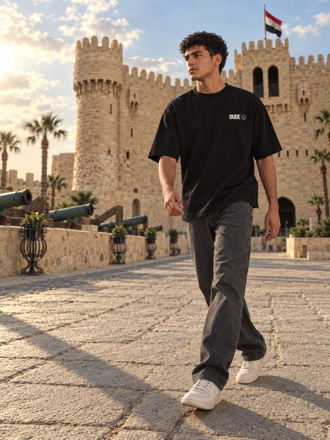 Model walking in the black DUDE outfit