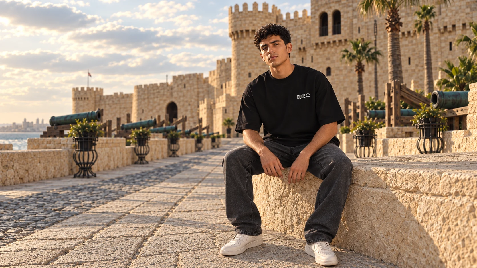 DUDE campaign model seated at the citadel in a black T-shirt, framed by warm limestone and the sea