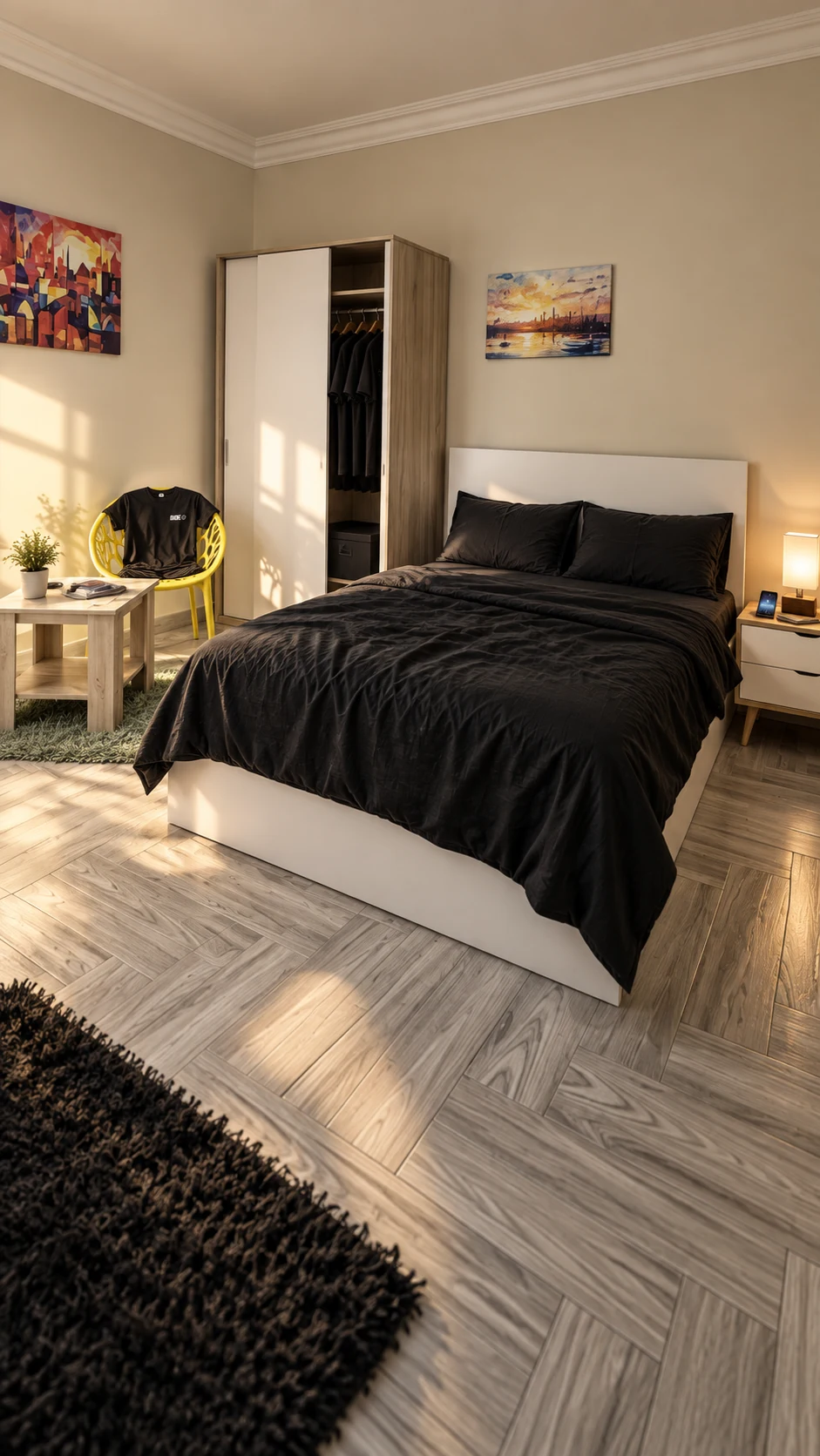 Generated bedroom with black bedding and warm sunlight