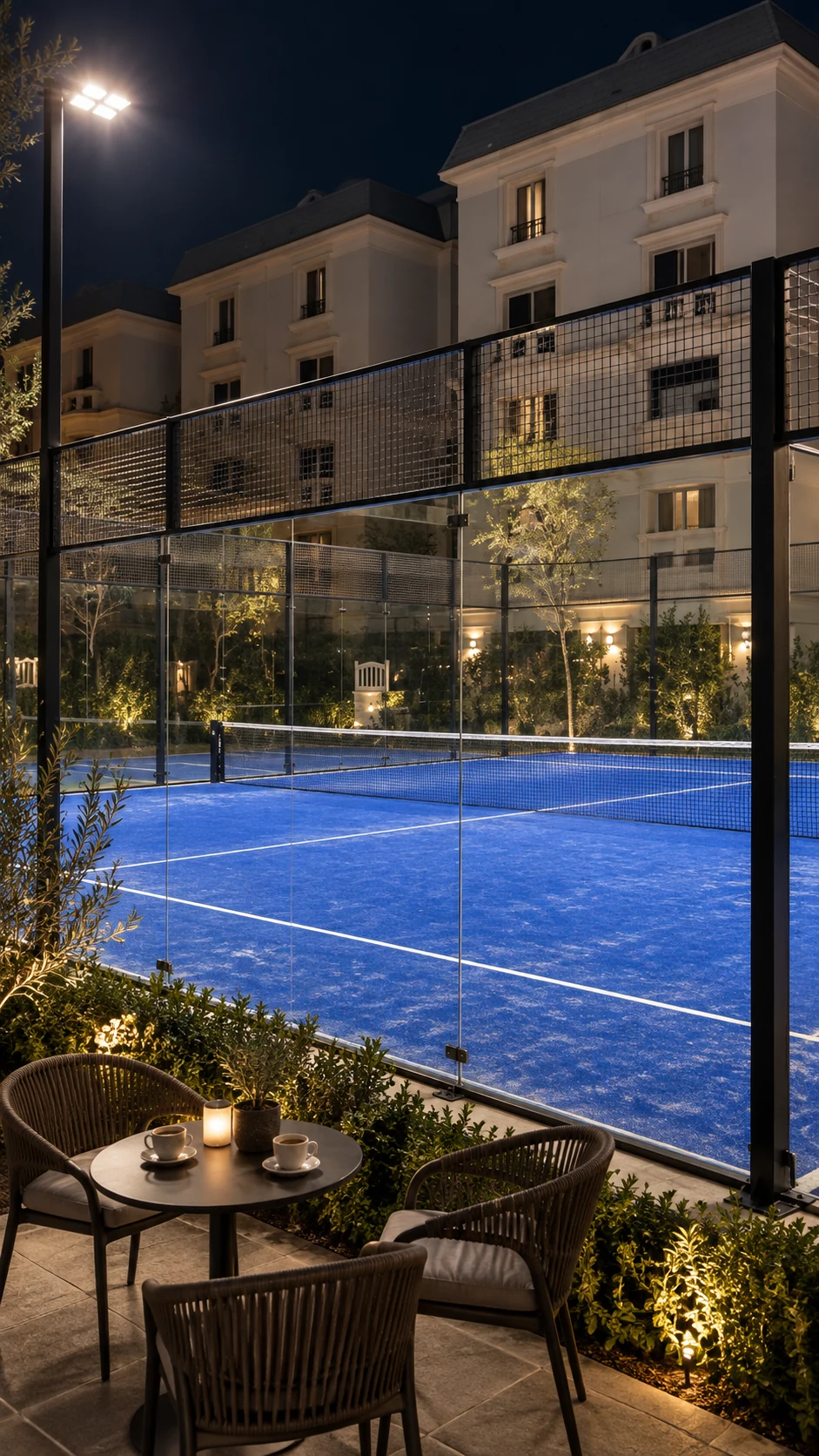 Generated evening padel court and cafe setting