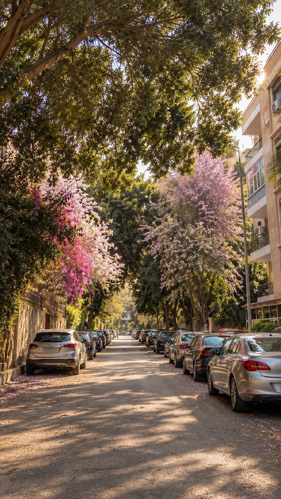 Generated leafy city street in warm afternoon light