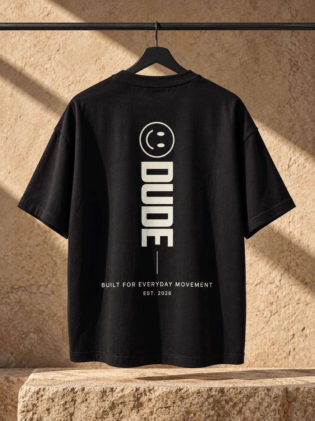 Black DUDE T-shirt hanging against a sculptural stone setting