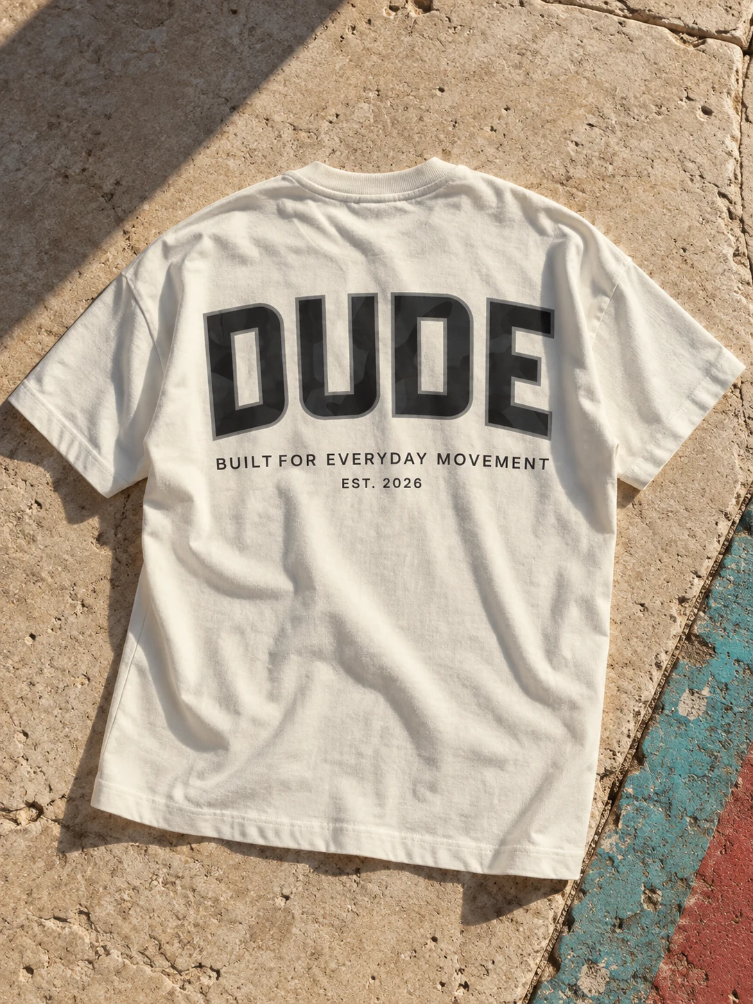 White DUDE T-shirt flat lay on sunlit stone
