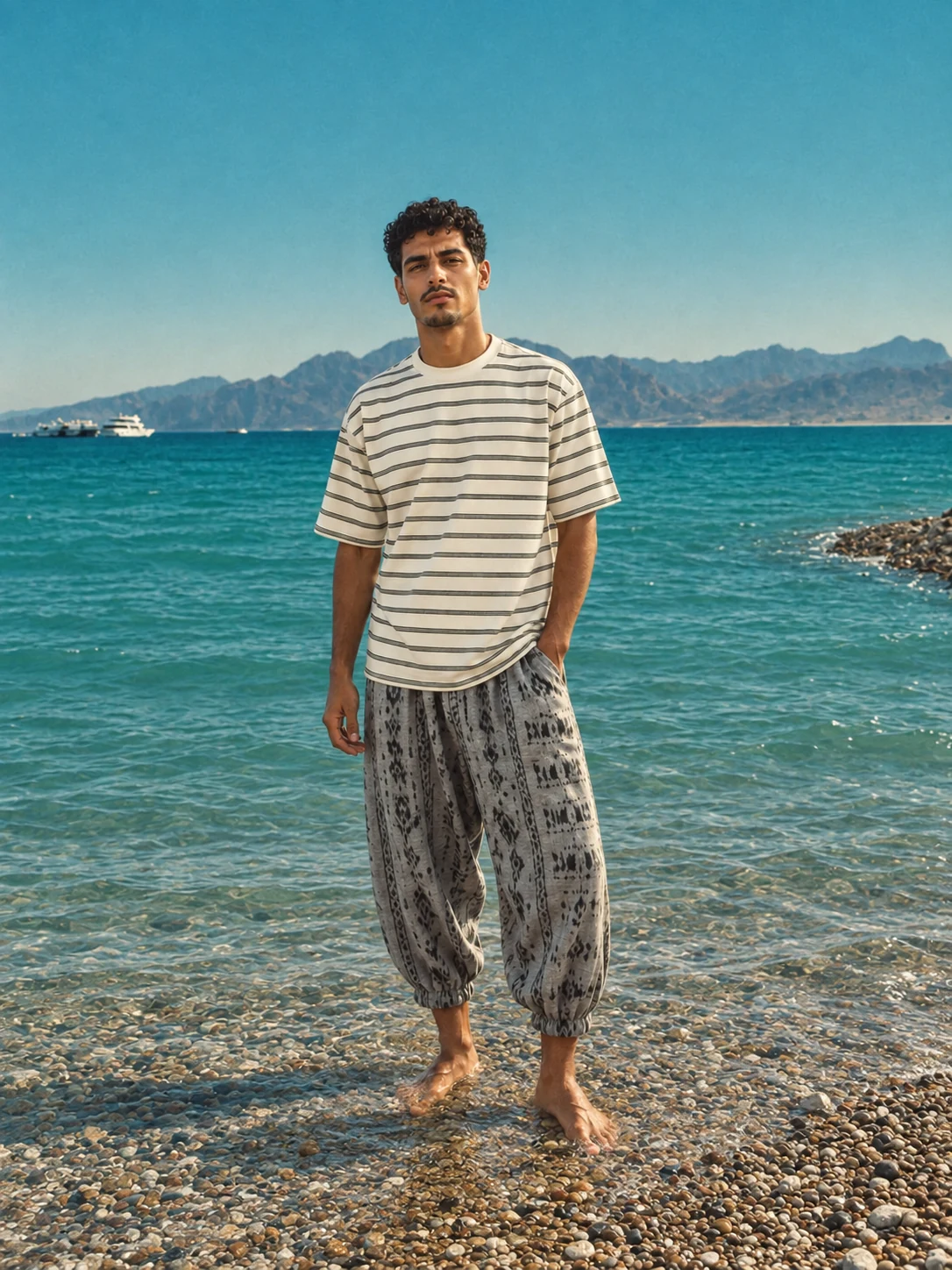 Getwinn striped T-shirt campaign portrait beside the sea