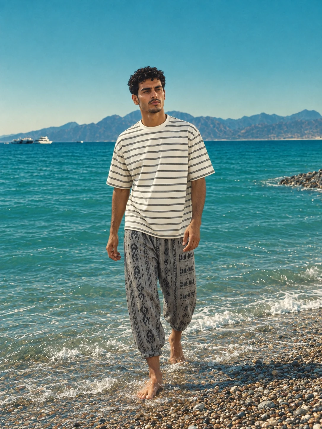 Model walking at the waterline in a striped Getwinn T-shirt