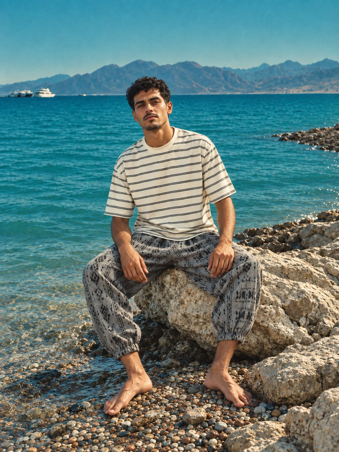 Seated Getwinn campaign portrait on a coastal rock