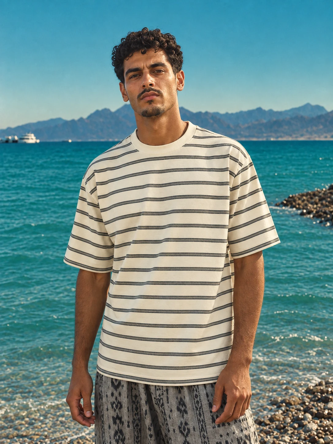 Close portrait showing the Getwinn striped T-shirt