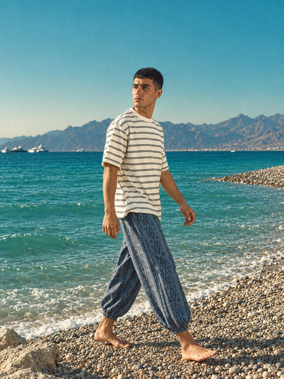 Model walking along the coast in the Getwinn outfit