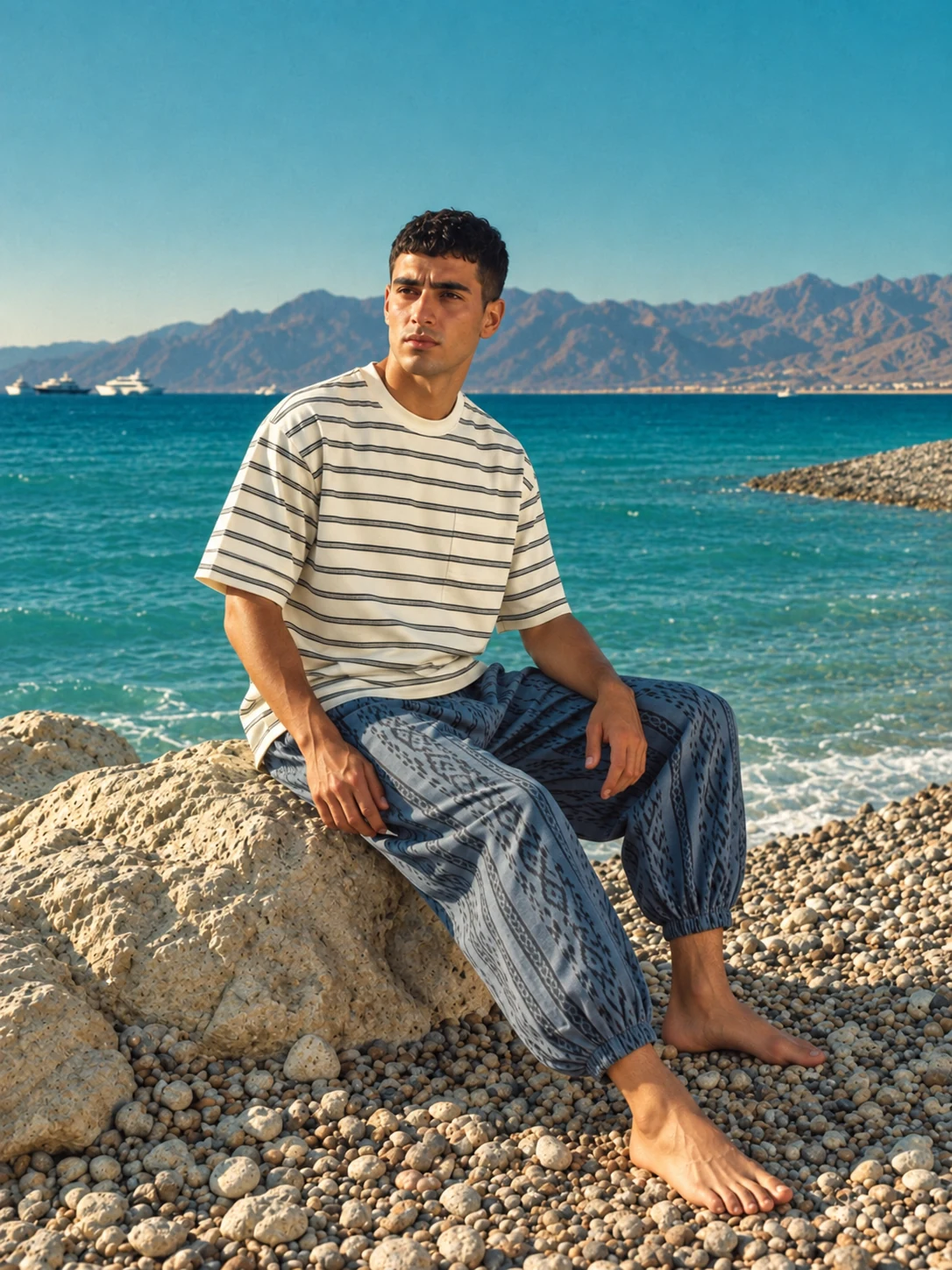 Model seated on a rock overlooking the sea