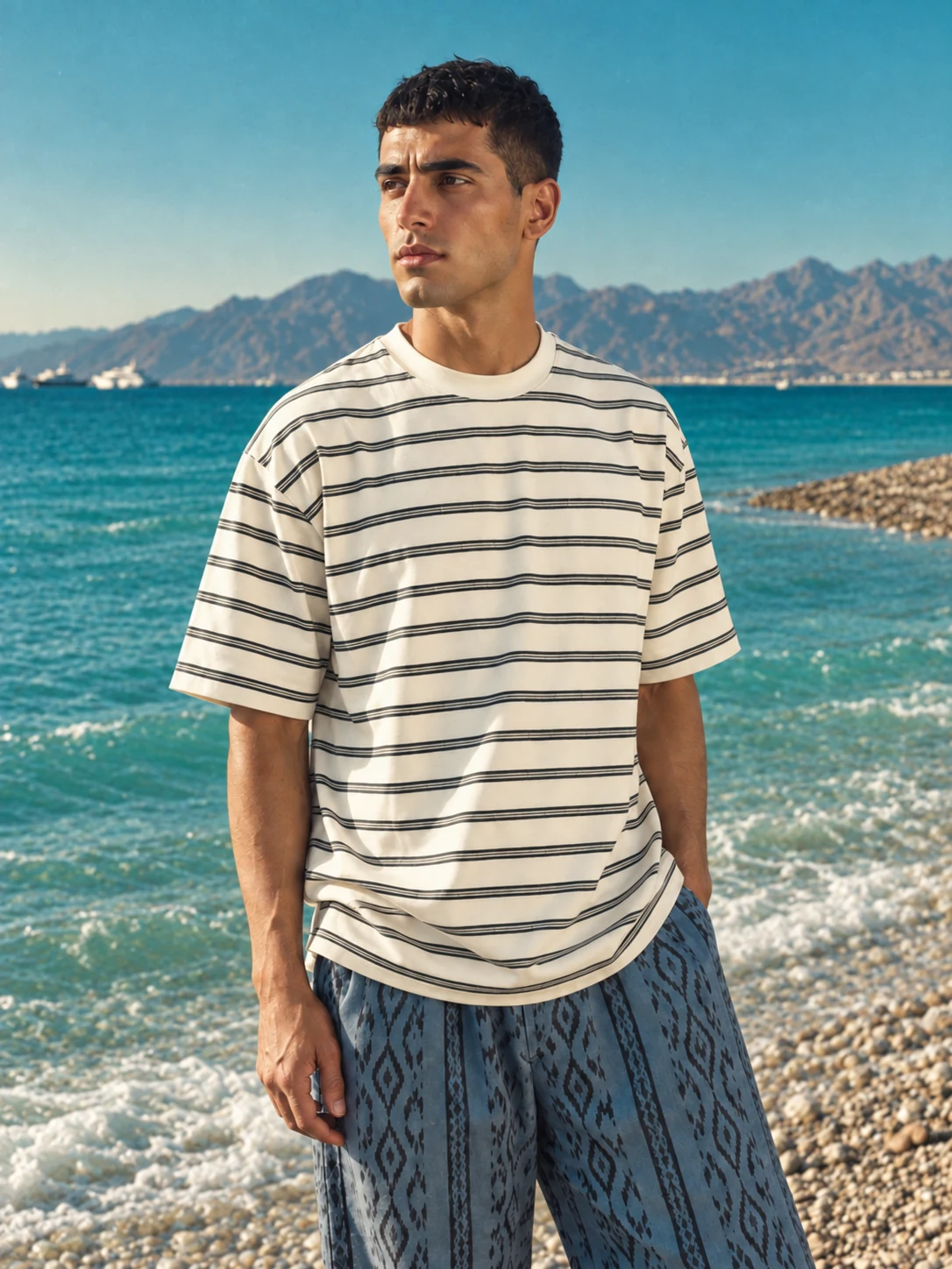Getwinn striped T-shirt portrait against mountains and blue sea