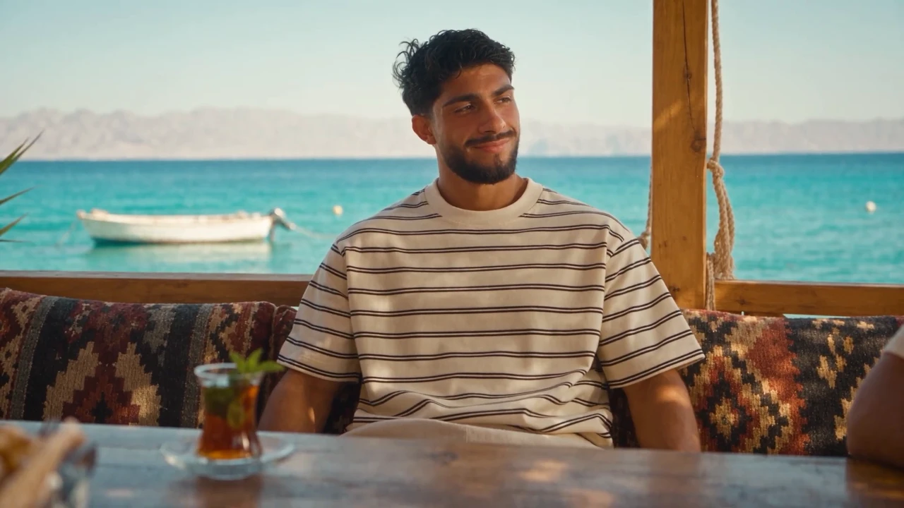 Getwinn campaign model smiling in a striped T-shirt at a waterfront cafe in Dahab