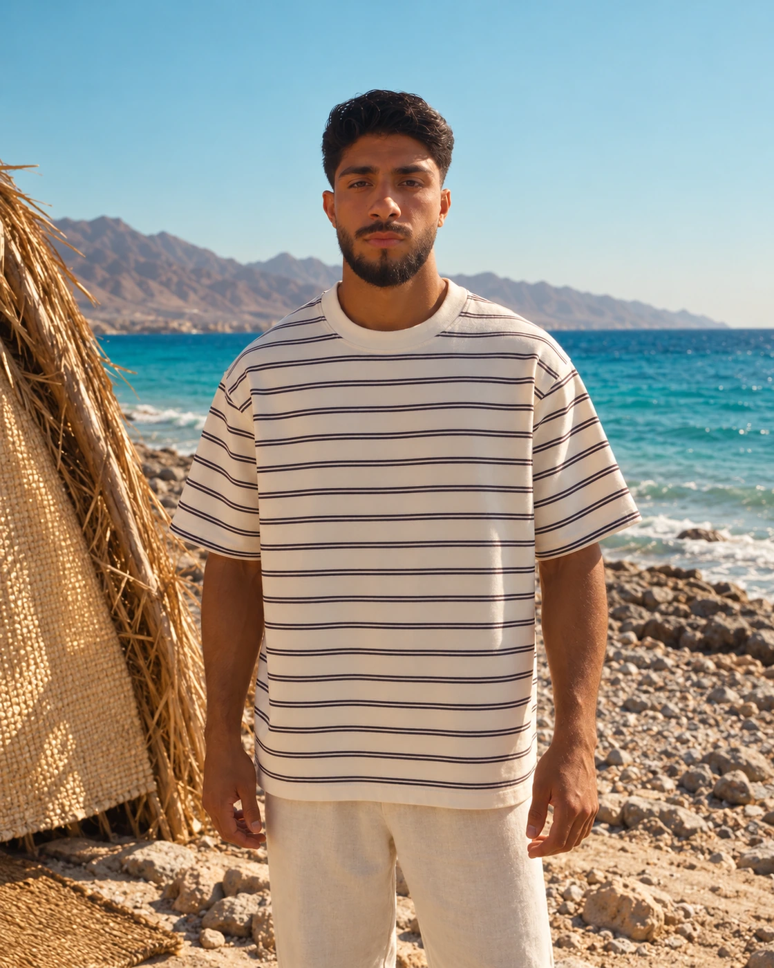 Medium shot of the Getwinn campaign model in a striped T-shirt beside the sea in Dahab