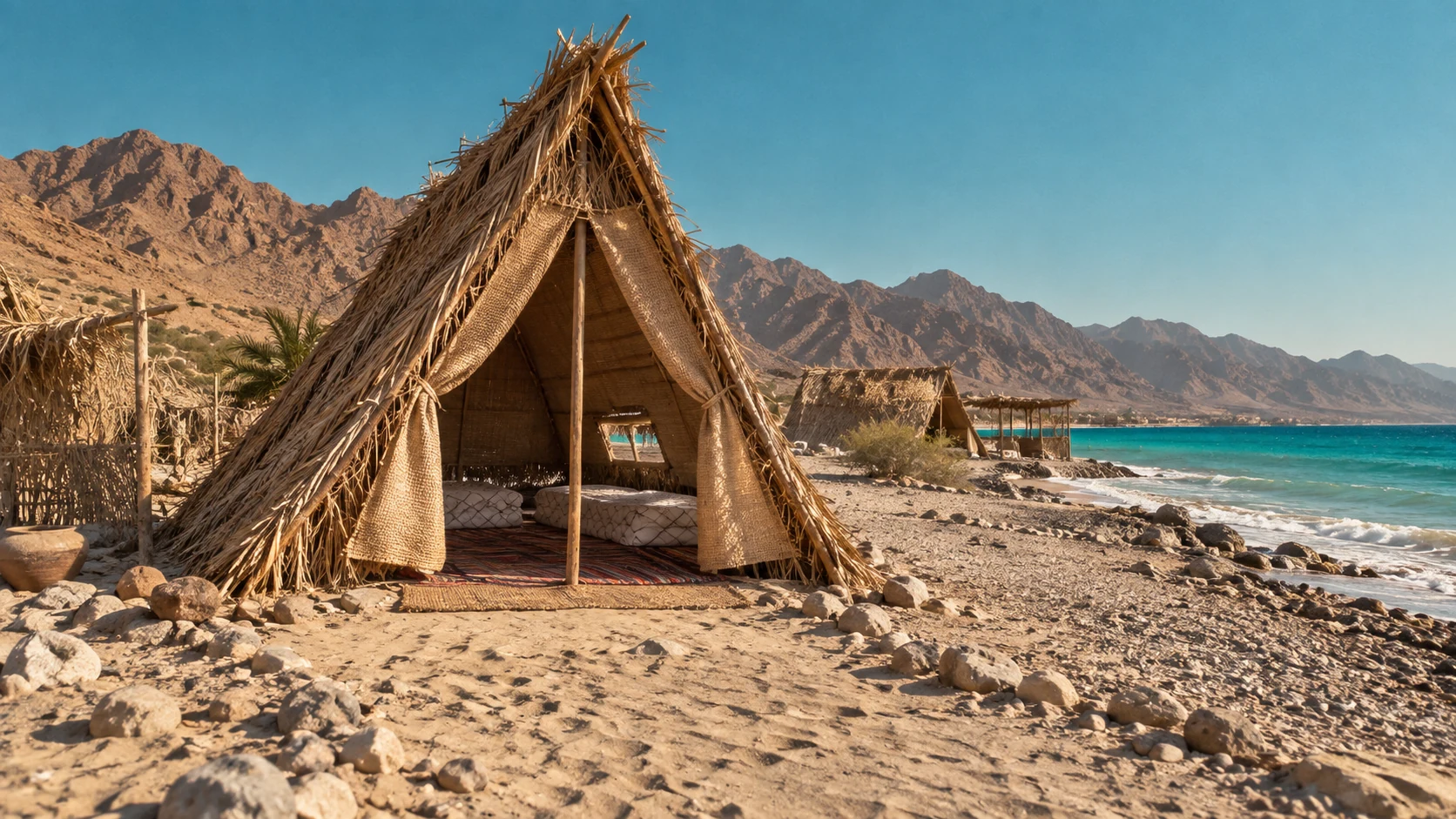 Generated beach camp exterior with mountains and sea