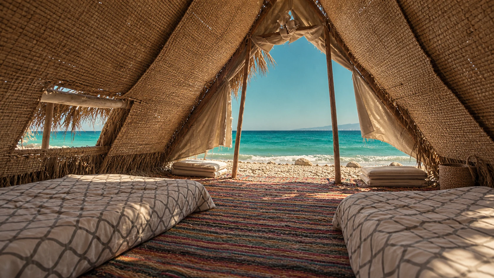 Generated beach camp interior looking out toward the sea