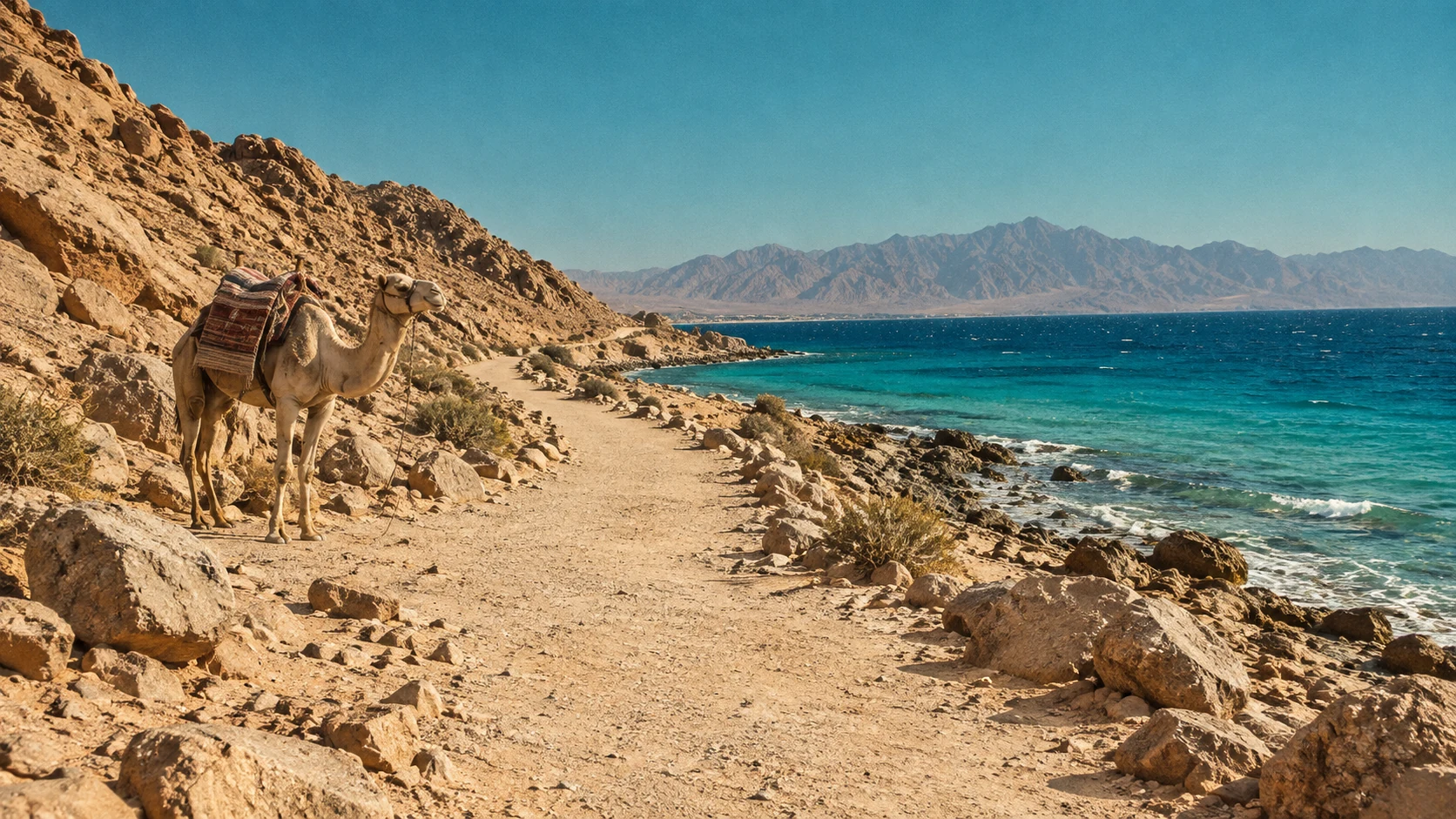 Generated coastal trail between rock and turquoise sea