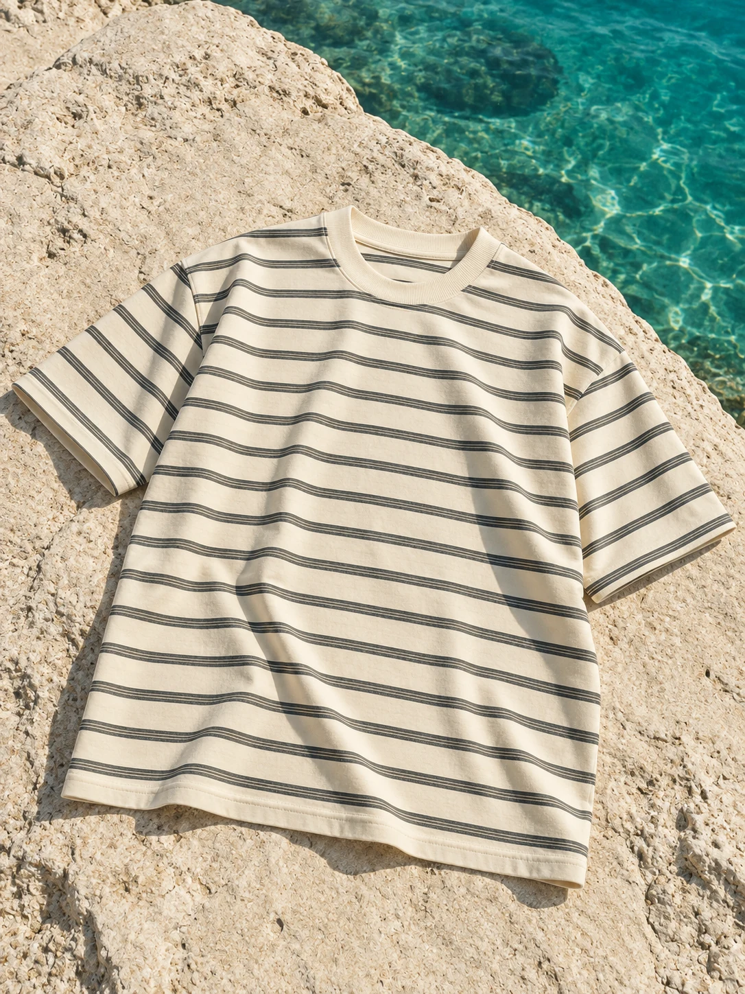 Getwinn striped T-shirt laid on a sunlit coastal rock
