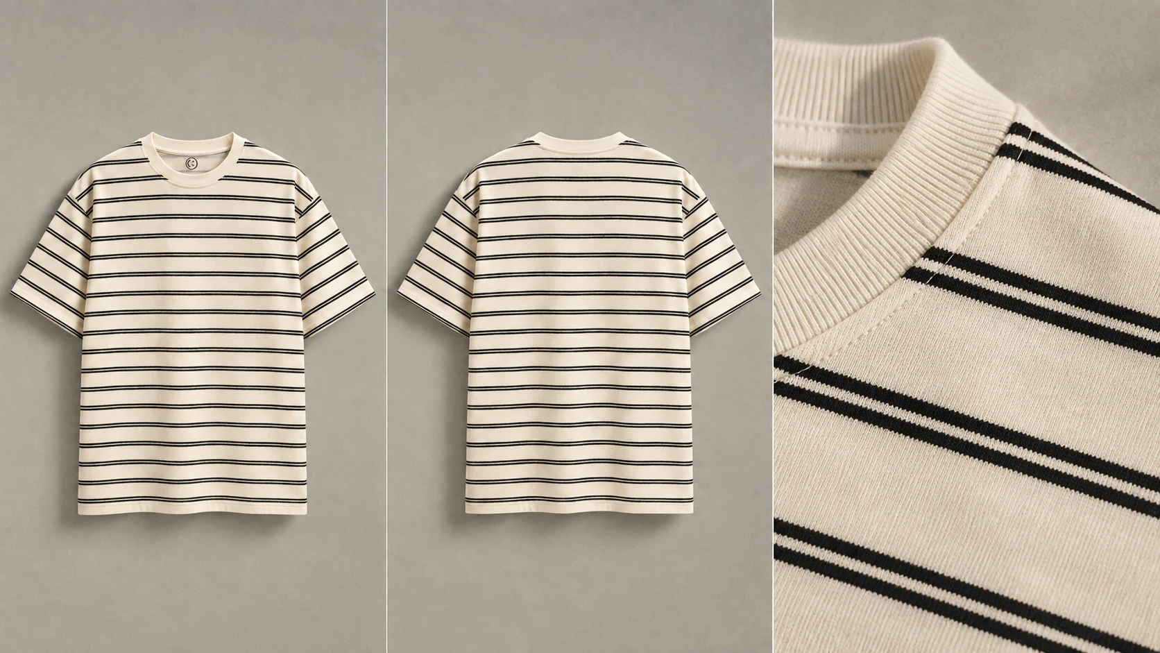 Getwinn striped T-shirt product sheet showing front, back and fabric detail