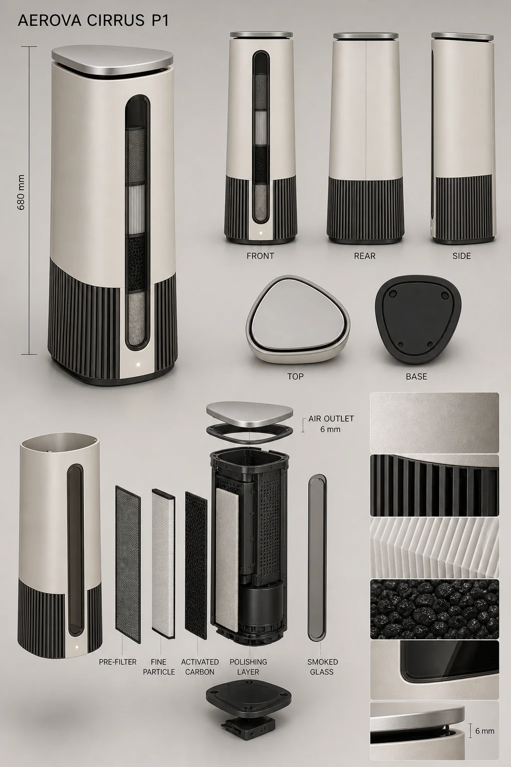 AEROVA Cirrus P1 reference sheet showing the purifier, intake, filter window, crown, and layered filtration
