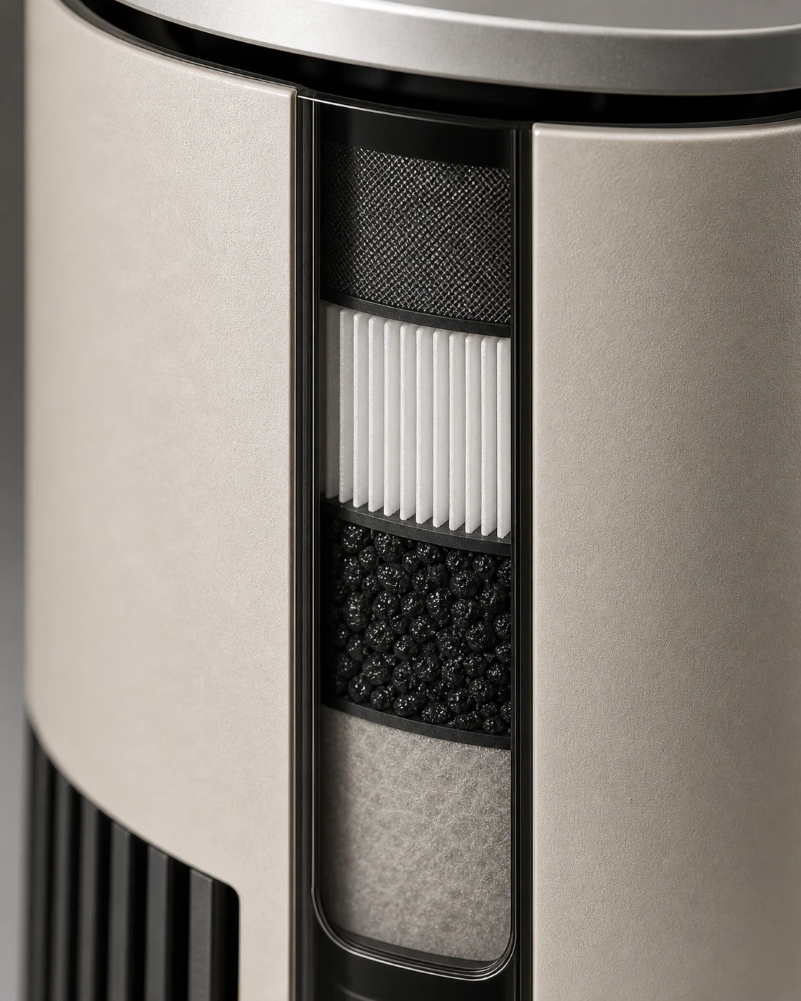 Close view through the smoked window of AEROVA Cirrus P1 showing four distinct filter layers