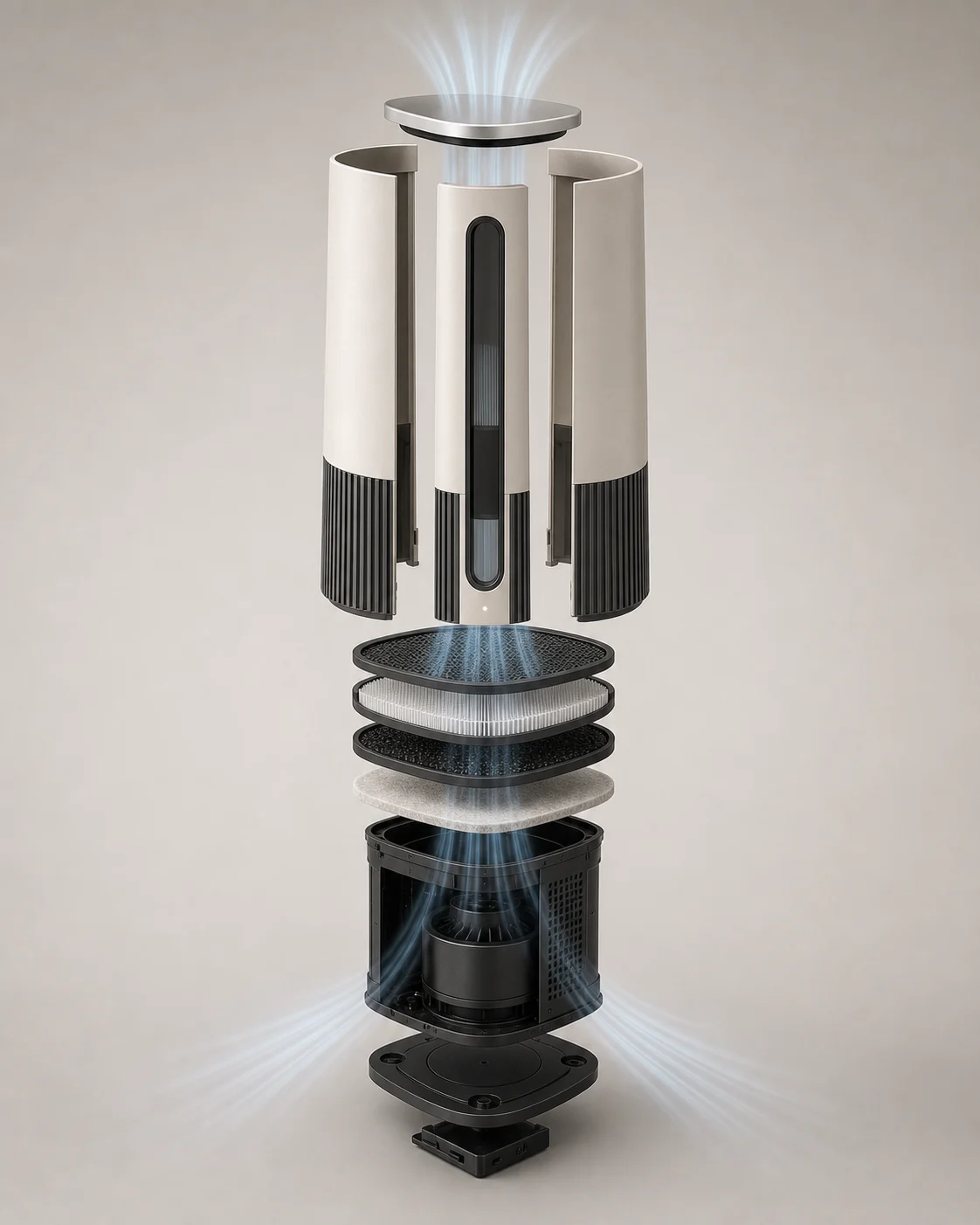 Exploded view of the AEROVA purifier shell, intake, filter layers, and floating crown
