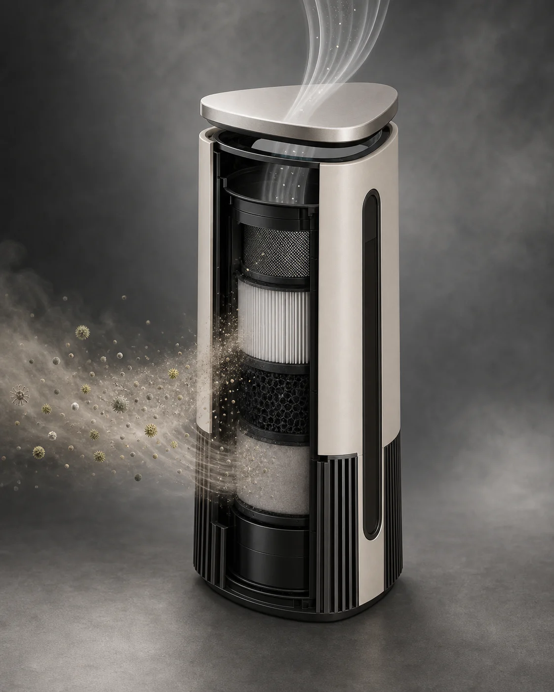 AEROVA Cirrus P1 showing low intake, layered filtration, and upward airflow through the crown