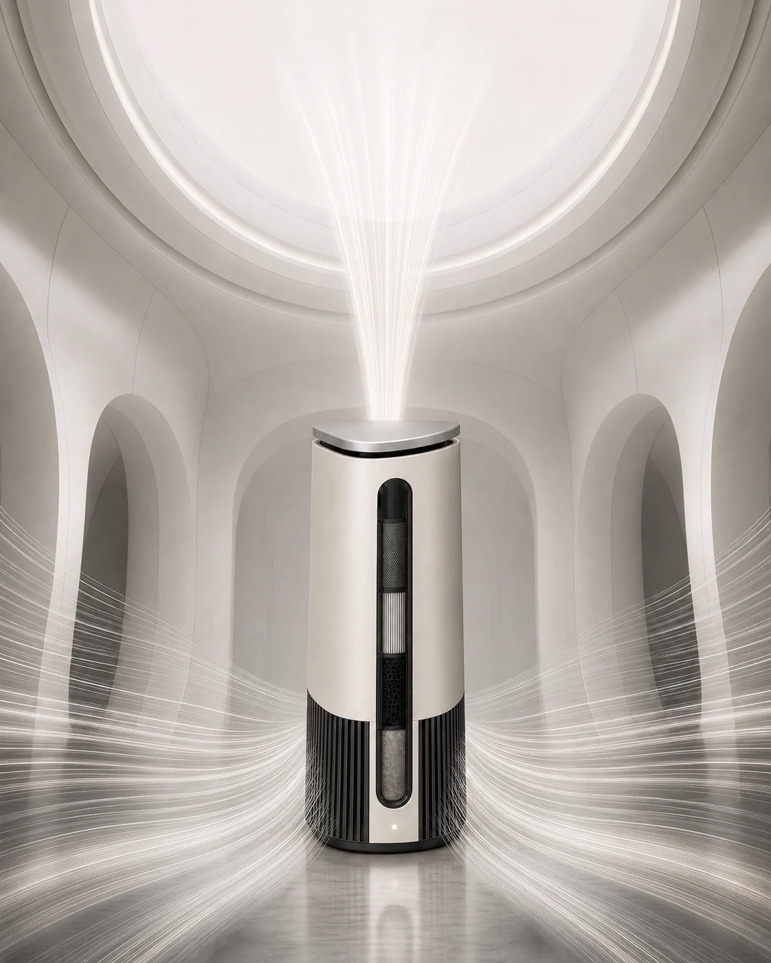 AEROVA Cirrus P1 campaign key art with subtle airflow ribbons moving upward around the purifier