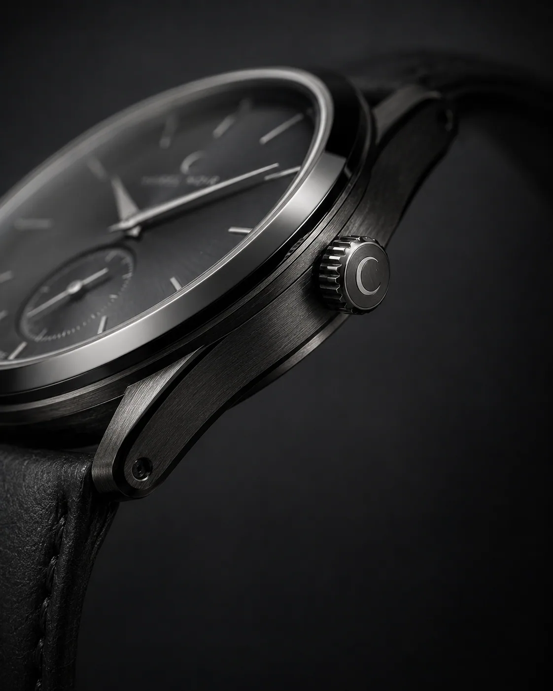 Macro side detail of the Aurel Noir watch case and crown