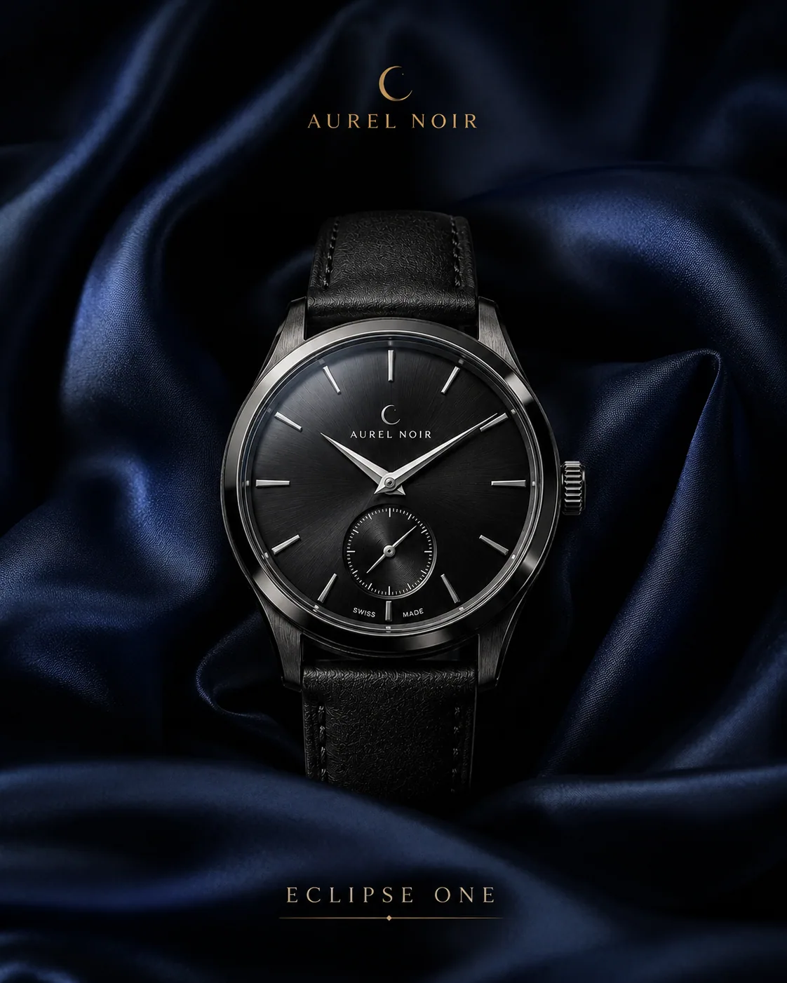 Aurel Noir watch on blue silk with campaign branding