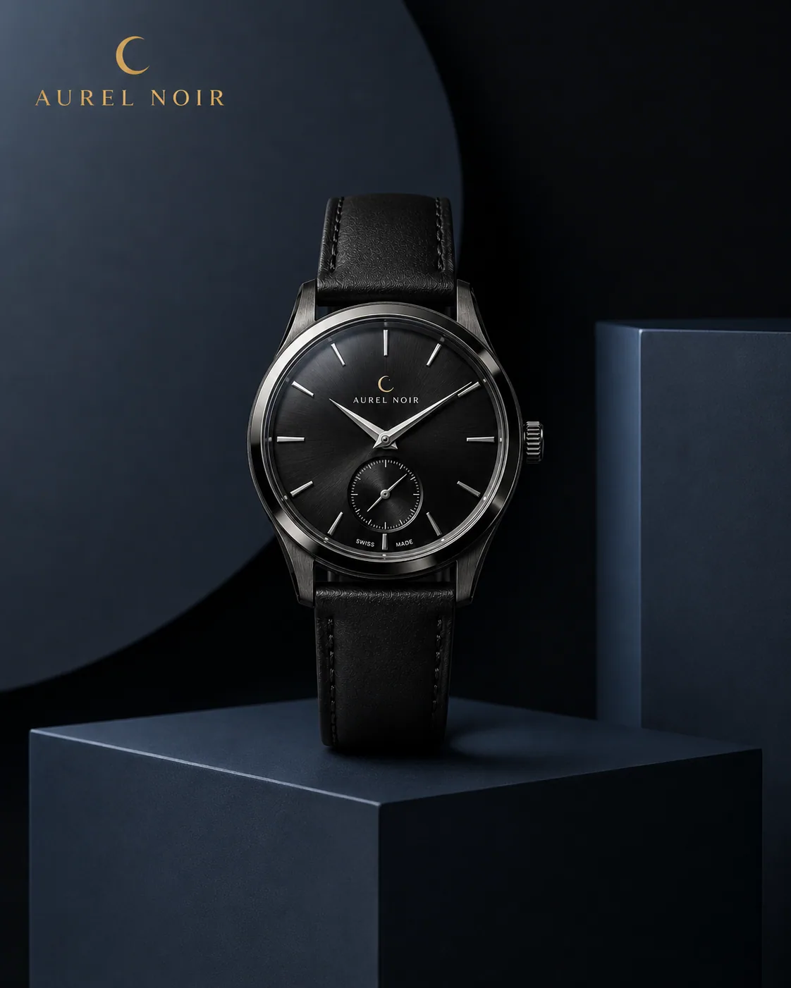 Aurel Noir watch displayed on dark blue geometric blocks