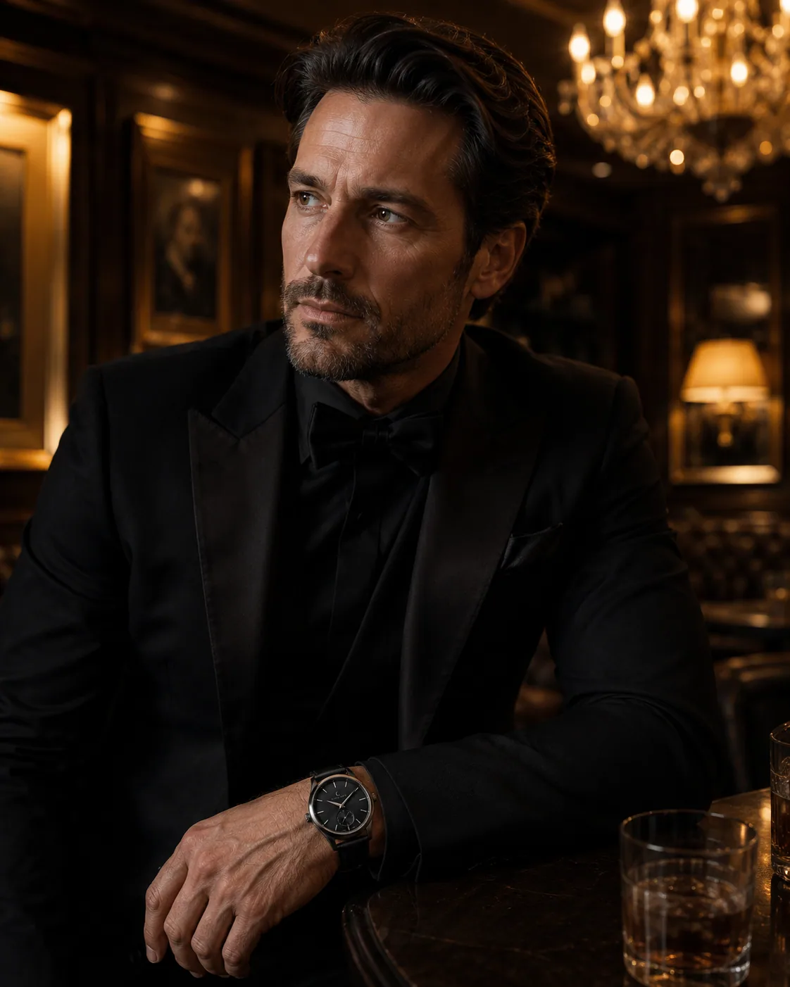 Man wearing an Aurel Noir watch in a warm luxury interior