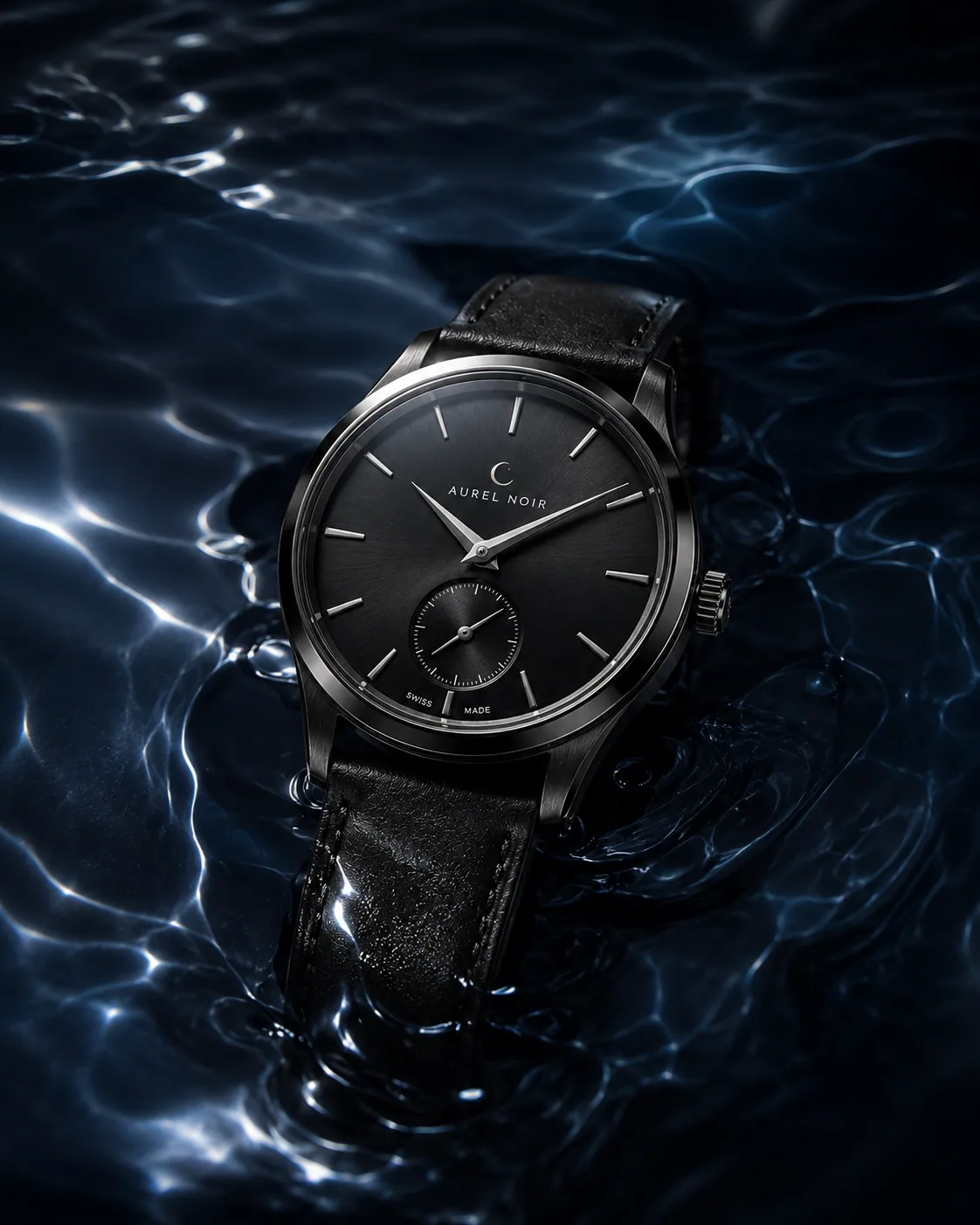 Aurel Noir watch placed over dark rippling water
