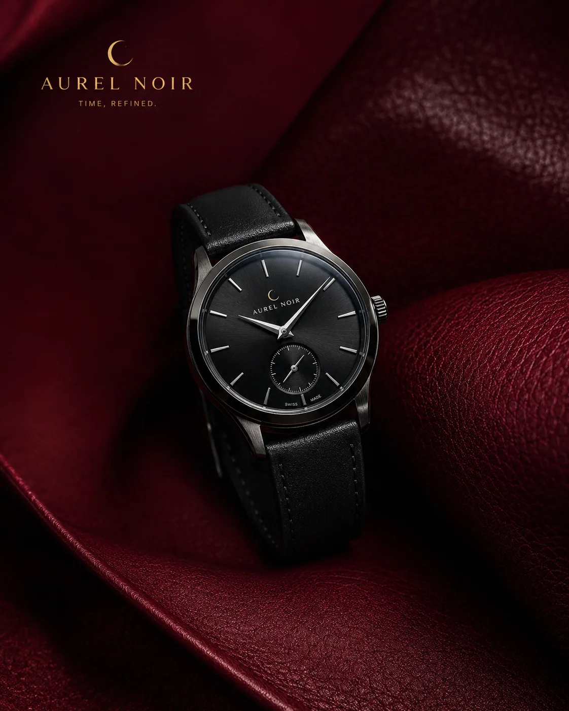 Aurel Noir watch on deep red leather with brand mark