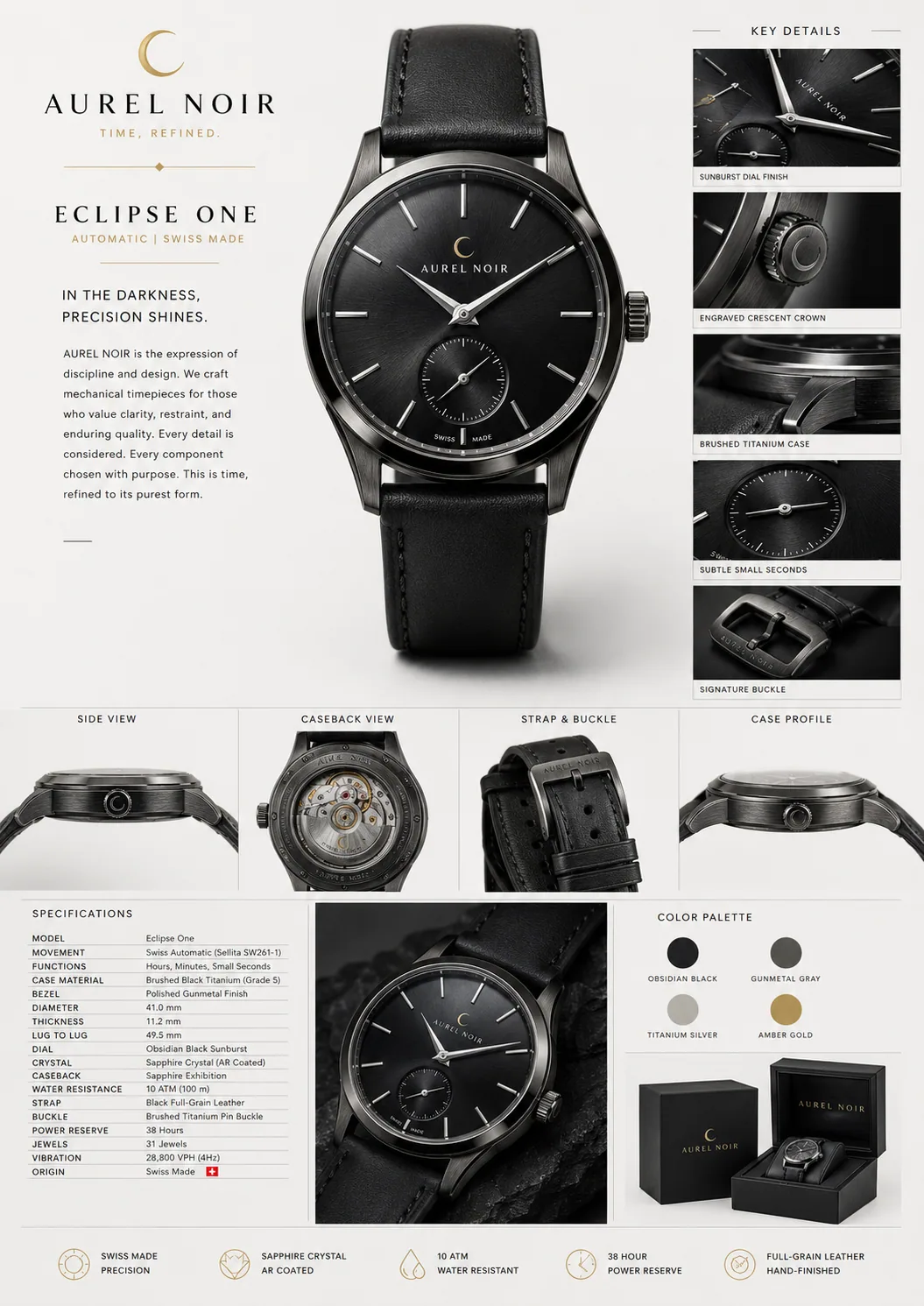 Aurel Noir reference sheet with watch specifications and visual direction