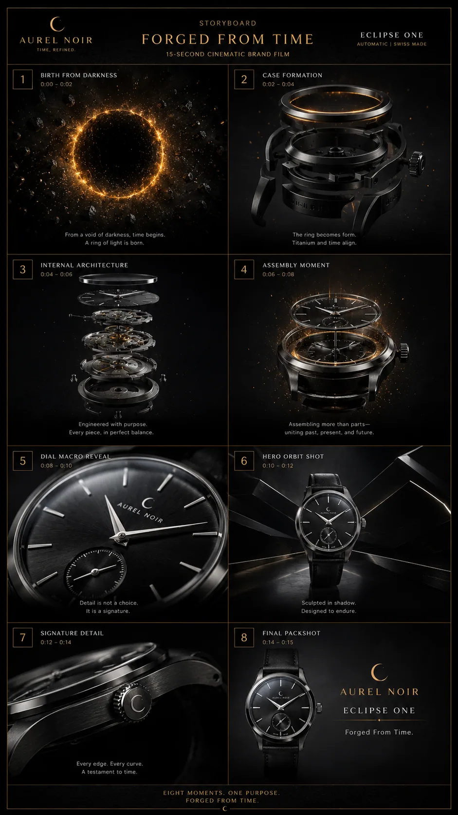 Aurel Noir storyboard showing product formation and cinematic watch details