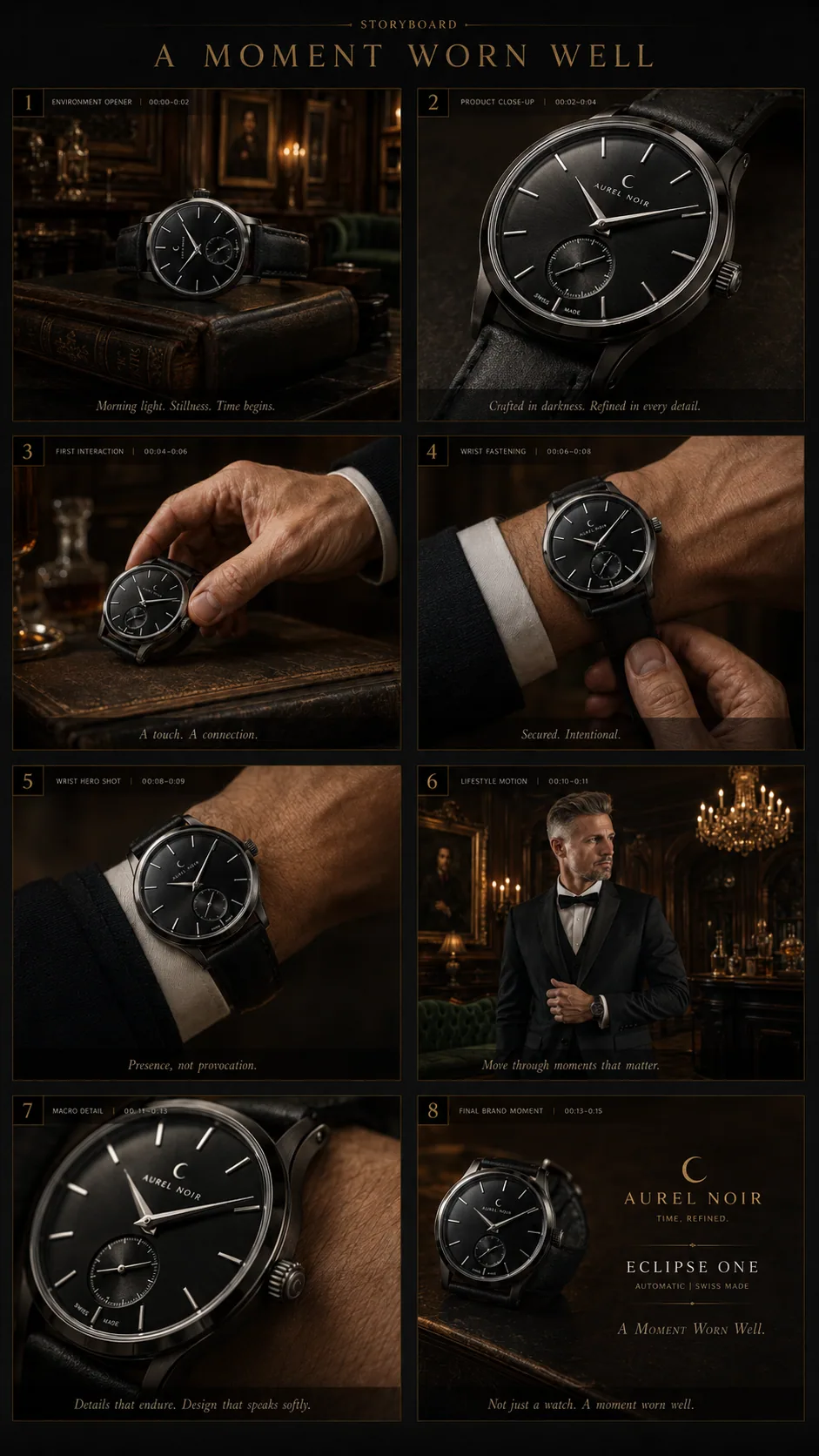 Aurel Noir storyboard showing the watch worn in warm luxury scenes