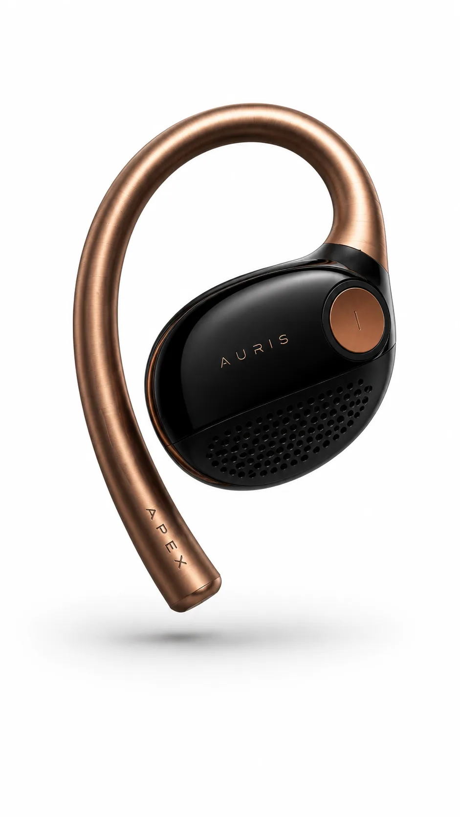 Auris open-ear audio wearable floating on a white studio background