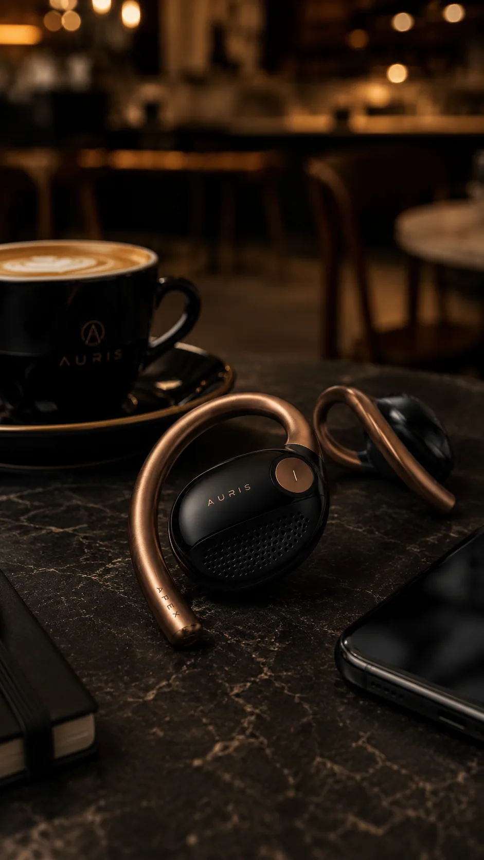 Auris wearable beside coffee and desk objects in warm cafe lighting