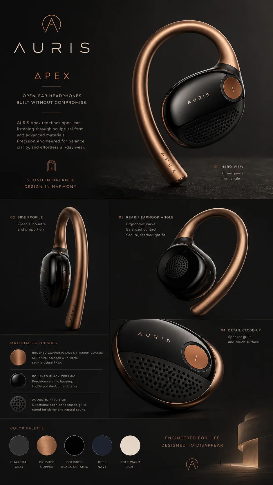Auris Apex technical poster with product angles and specifications