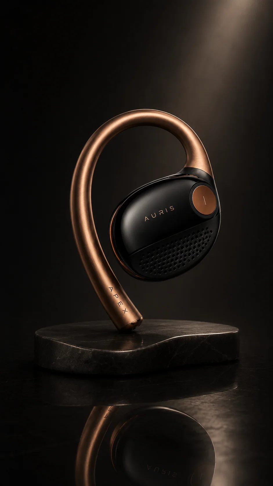 Auris copper and black audio wearable standing on a dark pedestal