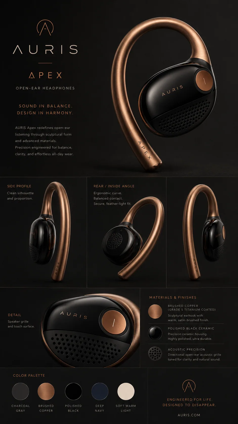 Auris reference sheet with product angles, color palette, and launch materials