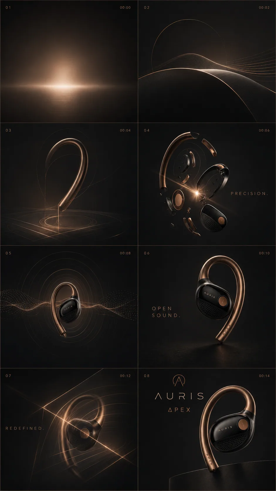 Auris storyboard with abstract light trails and product reveal frames