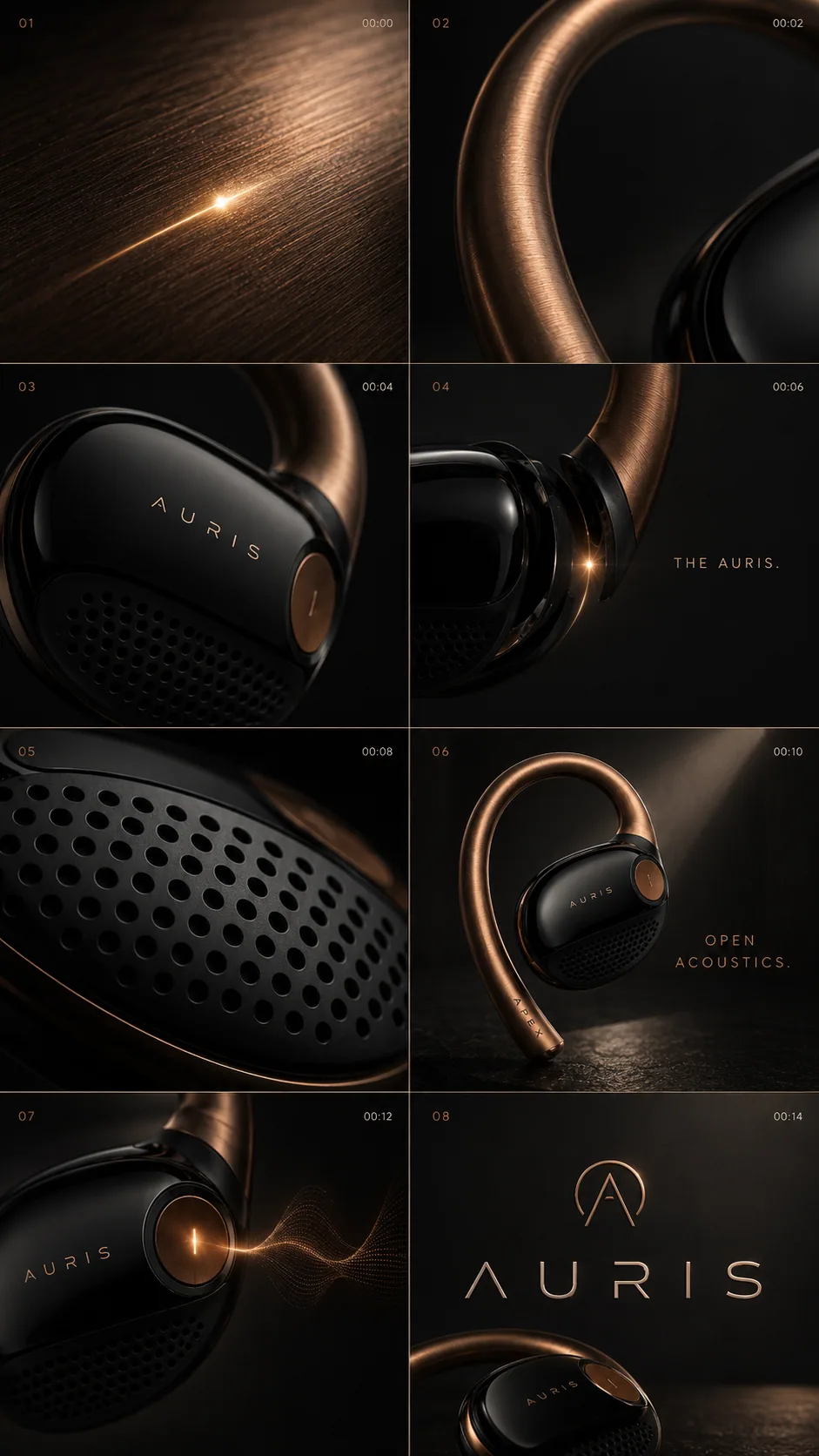 Auris storyboard with close-up product details and copper lighting