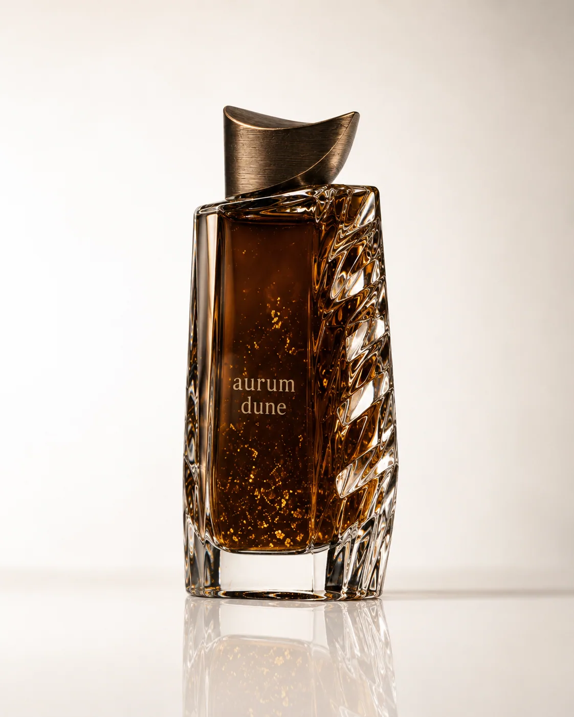 Aurum Dune fragrance bottle reflected on a light surface
