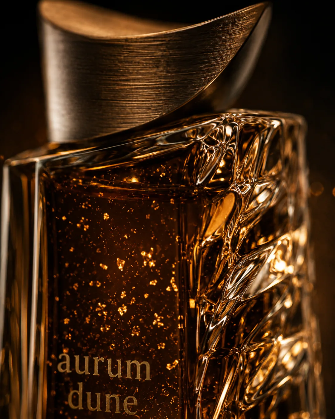 Close-up of amber liquid and cut-glass detail on the Aurum Dune bottle